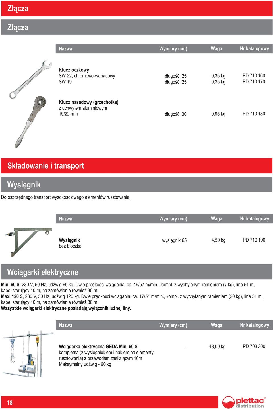 Wysiêgnik bez bloczka wysiêgnik 65 4,50 kg PD 710 190 Wci¹garki elektryczne Mini 60 S, 30 V, 50 Hz, udÿwig 60 kg. Dwie prêdkoœci wci¹gania, ca. 19/57 m/min., kompl.