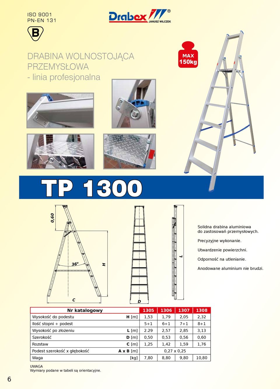 C Nr katalogowy 1305 1306 1307 1308 Wysokość do podestu H [m] 1,53 1,79 2,05 2,32 Ilość stopni + podest 5+1 6+1 7+1 8+1 Wysokość po złożeniu L