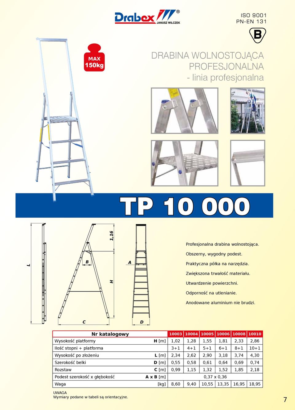 C Nr katalogowy 10003 10004 10005 10006 10008 10010 Wysokość platformy H [m] 1,02 1,28 1,55 1,81 2,33 2,86 Ilość stopni + platforma 3+1 4+1 5+1 6+1 8+1 10+1 Wysokość po