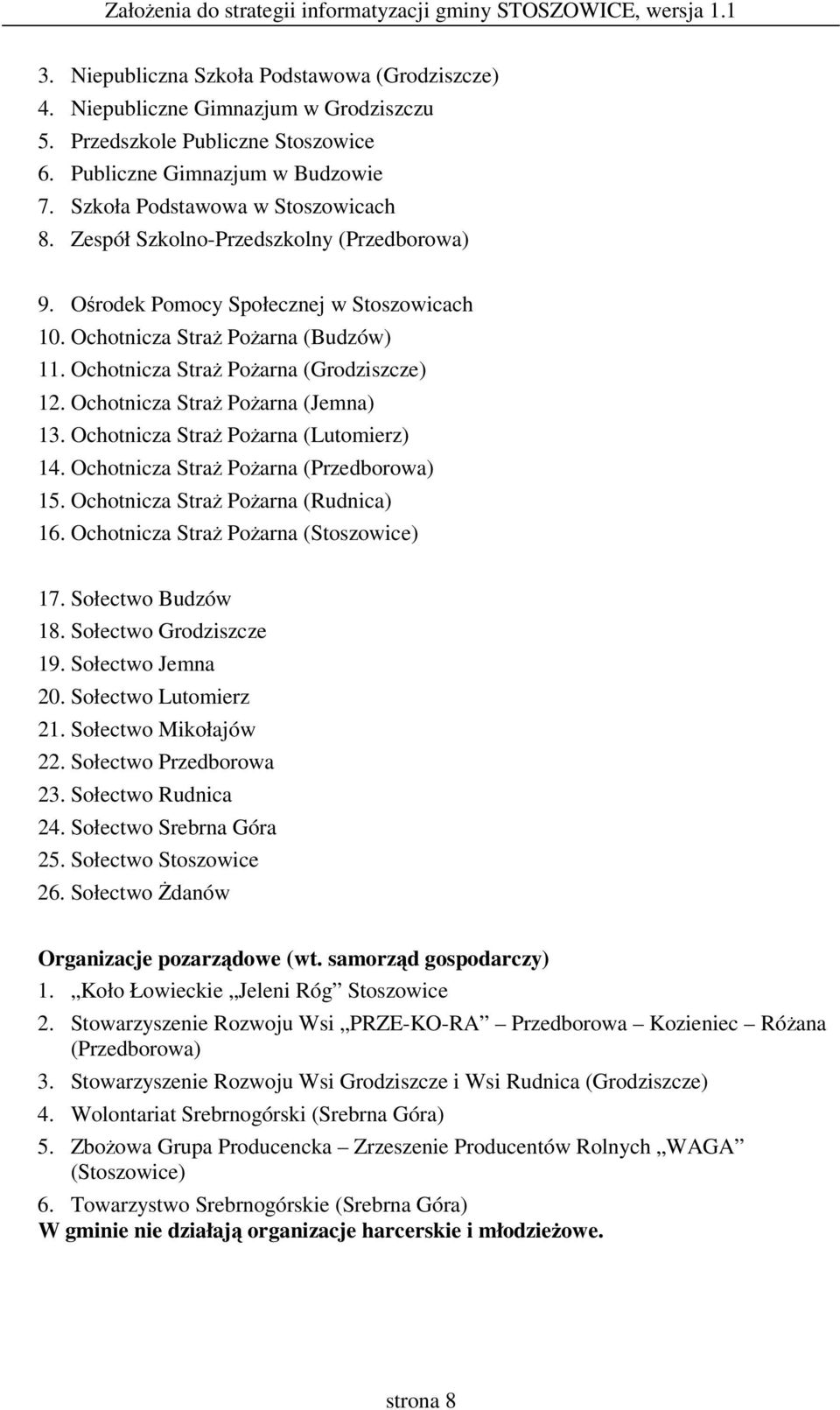 Ochotnicza Stra Poarna (Lutomierz) 14. Ochotnicza Stra Poarna (Przedborowa) 15. Ochotnicza Stra Poarna (Rudnica) 16. Ochotnicza Stra Poarna (Stoszowice) 17. Sołectwo Budzów 18.