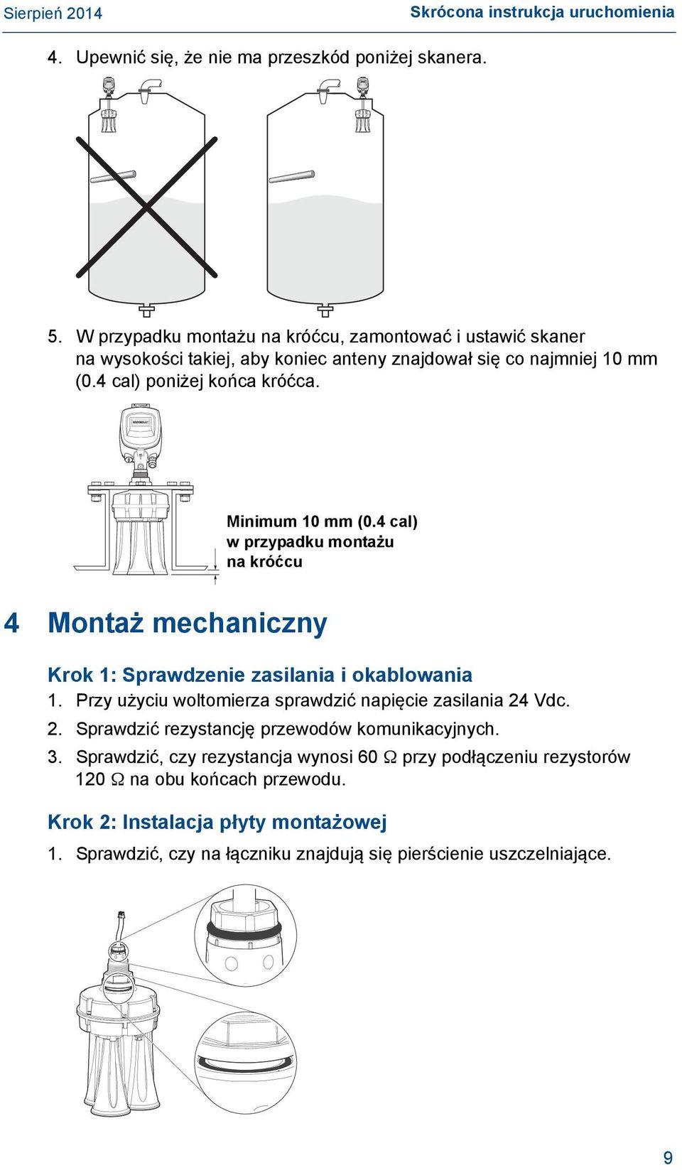 Minimum 10 mm (0.4 cal) w przypadku montażu na króćcu 4 Montaż mechaniczny Krok 1: Sprawdzenie zasilania i okablowania 1.