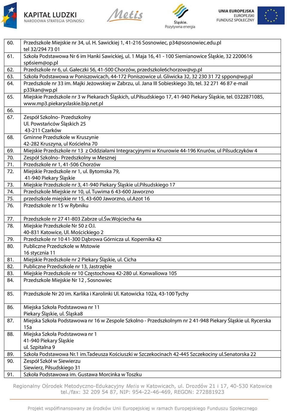 Szkoła Podstawowa w Poniszowicach, 44-172 Poniszowice ul. Gliwicka 32, 32 230 31 72 sppon@wp.pl 64. Przedszkole nr 33 im. Majki Jeżowskiej w Zabrzu, ul. Jana III Sobieskiego 3b, tel.