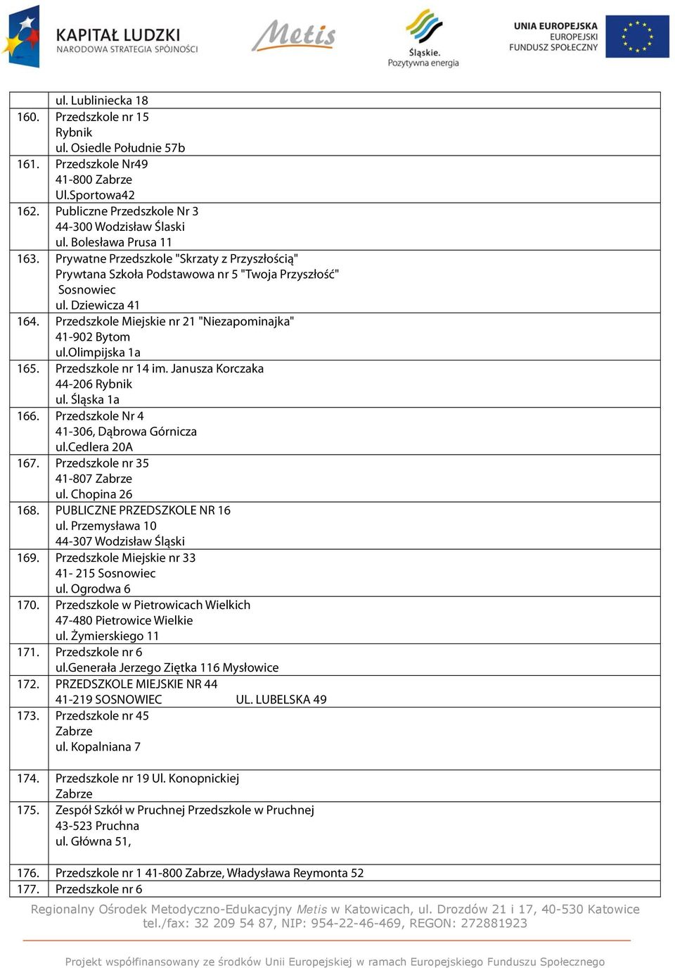 Przedszkole Miejskie nr 21 "Niezapominajka" 41-902 Bytom ul.olimpijska 1a 165. Przedszkole nr 14 im. Janusza Korczaka 44-206 Rybnik ul. Śląska 1a 166. Przedszkole Nr 4 41-306, Dąbrowa Górnicza ul.