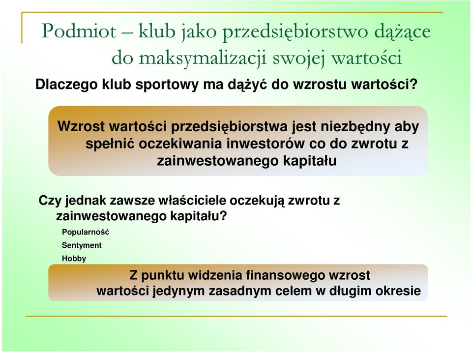 Wzrost wartości przedsiębiorstwa jest niezbędny aby spełnić oczekiwania inwestorów co do zwrotu z