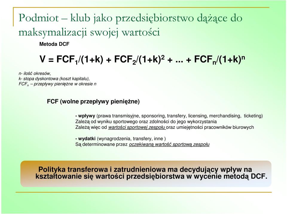 sponsoring, transfery, licensing, merchandising, ticketing) Zależą od wyniku sportowego oraz zdolności do jego wykorzystania Zależą więc od wartości sportowej zespołu oraz