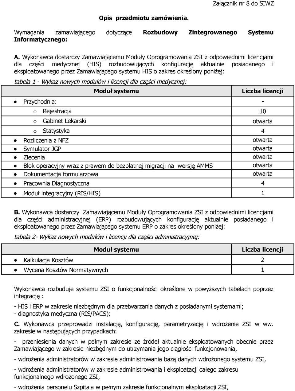 Zamawiającego systemu HIS o zakres określony poniżej: tabela 1 - Wykaz nowych modułów i licencji dla części medycznej: Moduł systemu Liczba licencji Przychodnia: - o Rejestracja 10 o Gabinet Lekarski