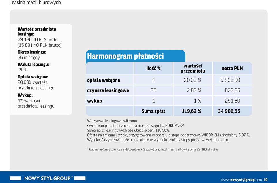 W czynsze leasingowe wliczono: wieloletni pakiet ubezpieczenia majątkowego TU EUROPA SA Suma spłat leasingowych bez ubezpieczeń: 116,56%.