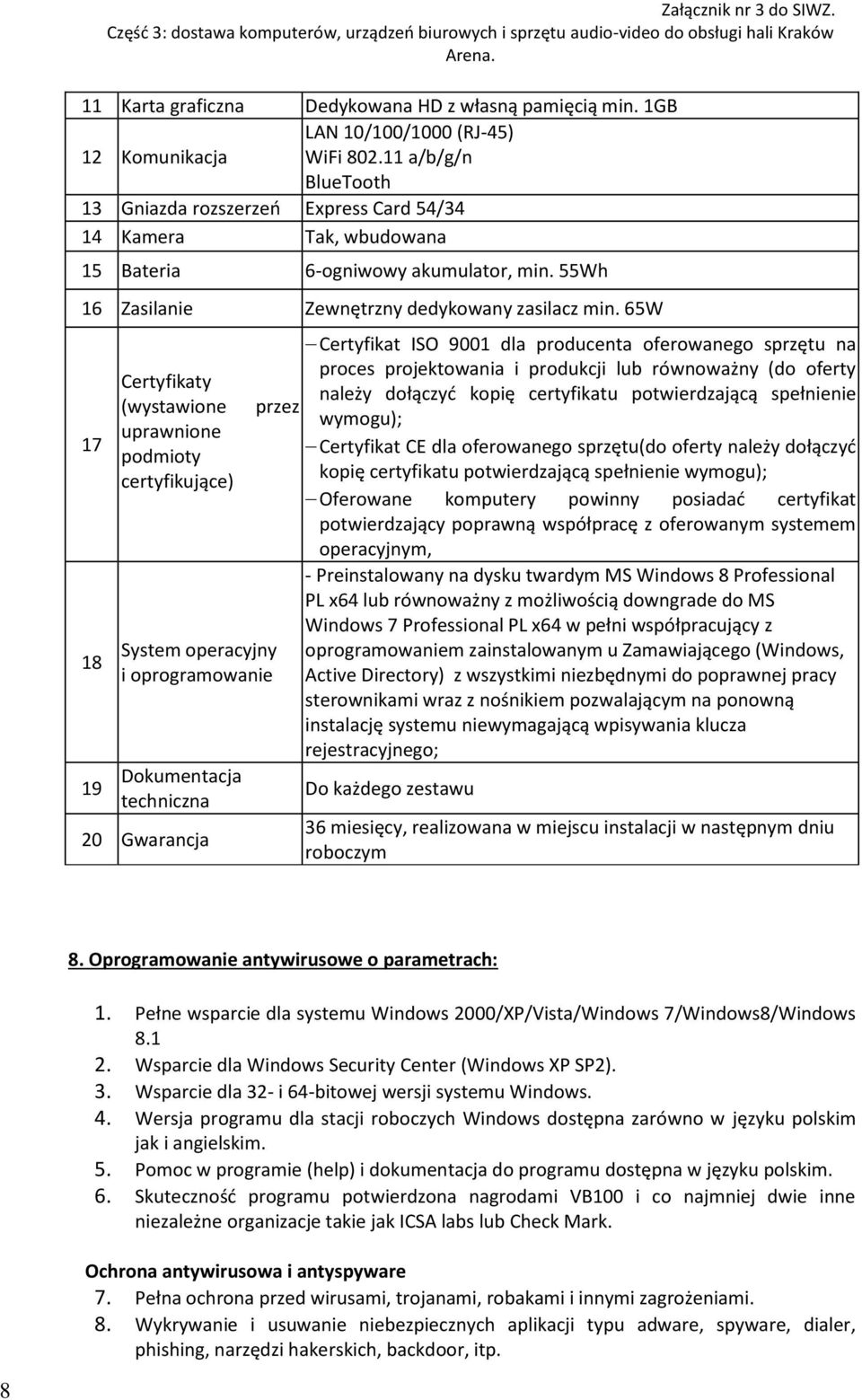 65W 17 18 19 Certyfikaty (wystawione uprawnione podmioty certyfikujące) System operacyjny i oprogramowanie Dokumentacja techniczna 20 Gwarancja przez Certyfikat ISO 9001 dla producenta oferowanego