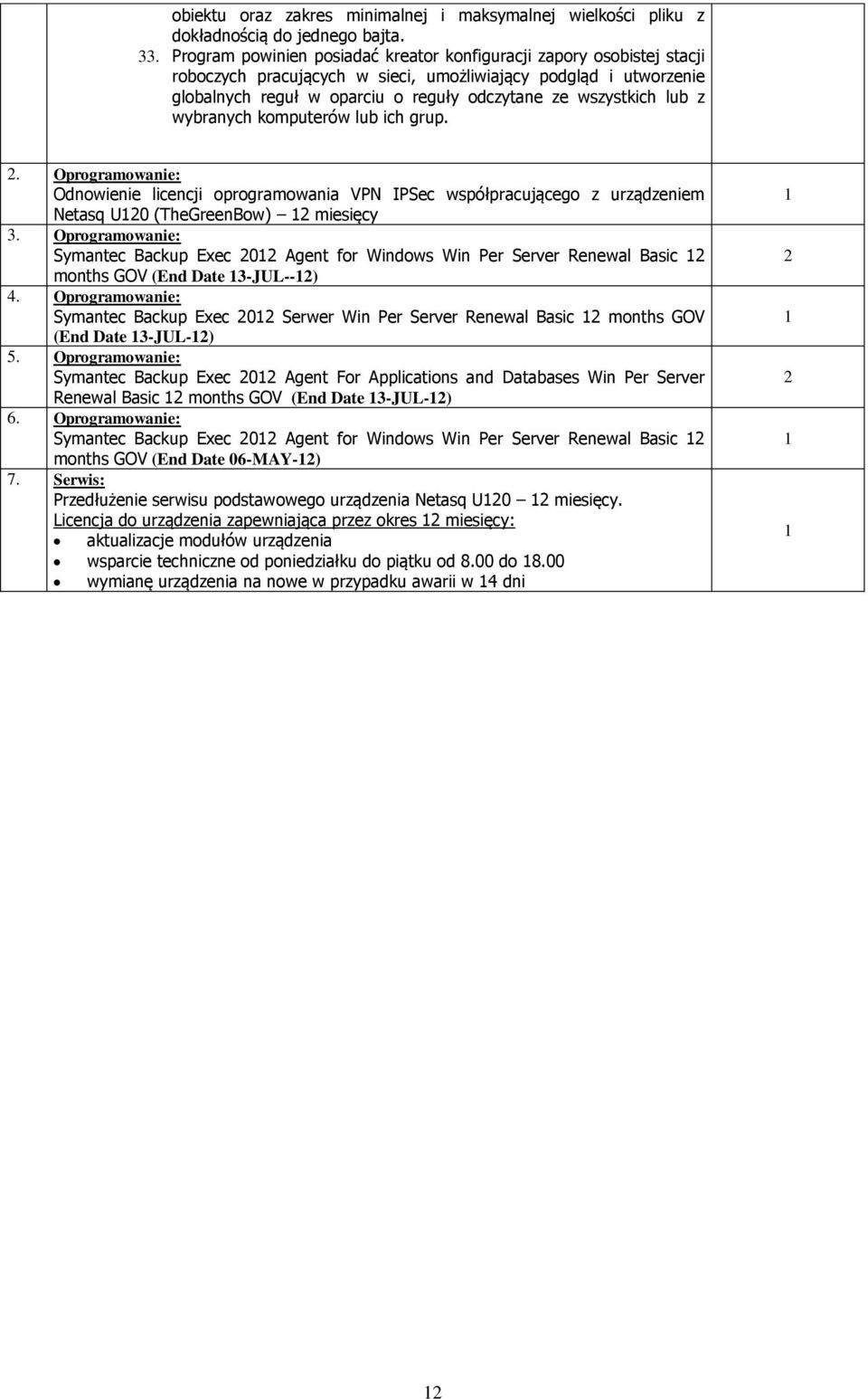 lub z wybranych komputerów lub ich grup. 2. Oprogramowanie: Odnowienie licencji oprogramowania VPN IPSec współpracującego z urządzeniem Netasq U120 (TheGreenBow) 12 miesięcy 3.