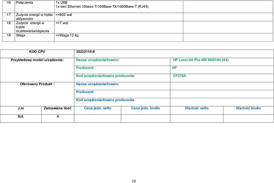 <=Waga 12 kg KOD CPV 30232110-8 Przykładowy model urządzenia: HP LaserJet Pro 400 M401dn (A4) HP
