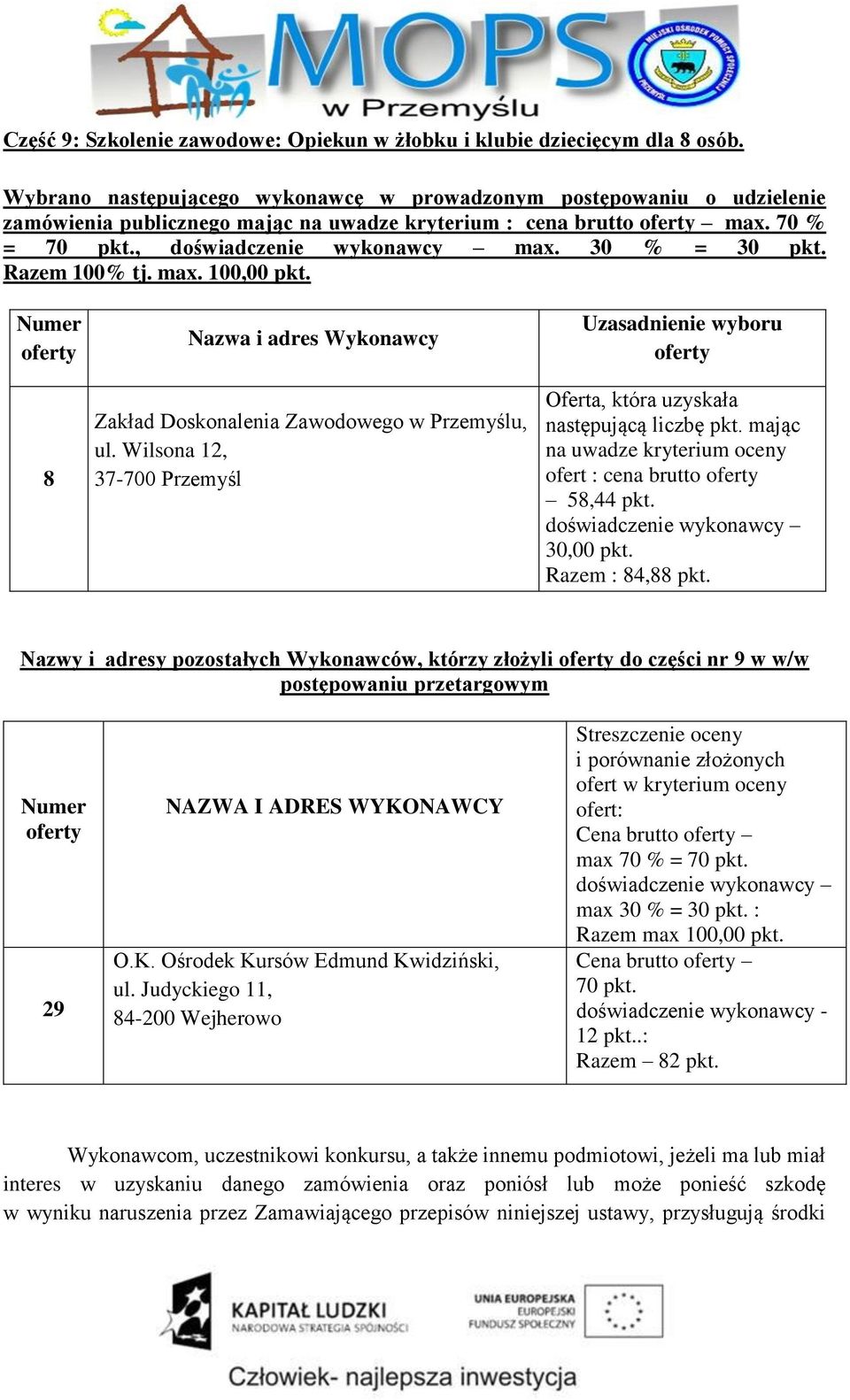 Nazwy i adresy pozostałych Wykonawców, którzy złożyli do części nr 9 w w/w postępowaniu przetargowym 29 NAZWA I ADRES WYKONAWCY O.K. Ośrodek Kursów Edmund Kwidziński, ul.