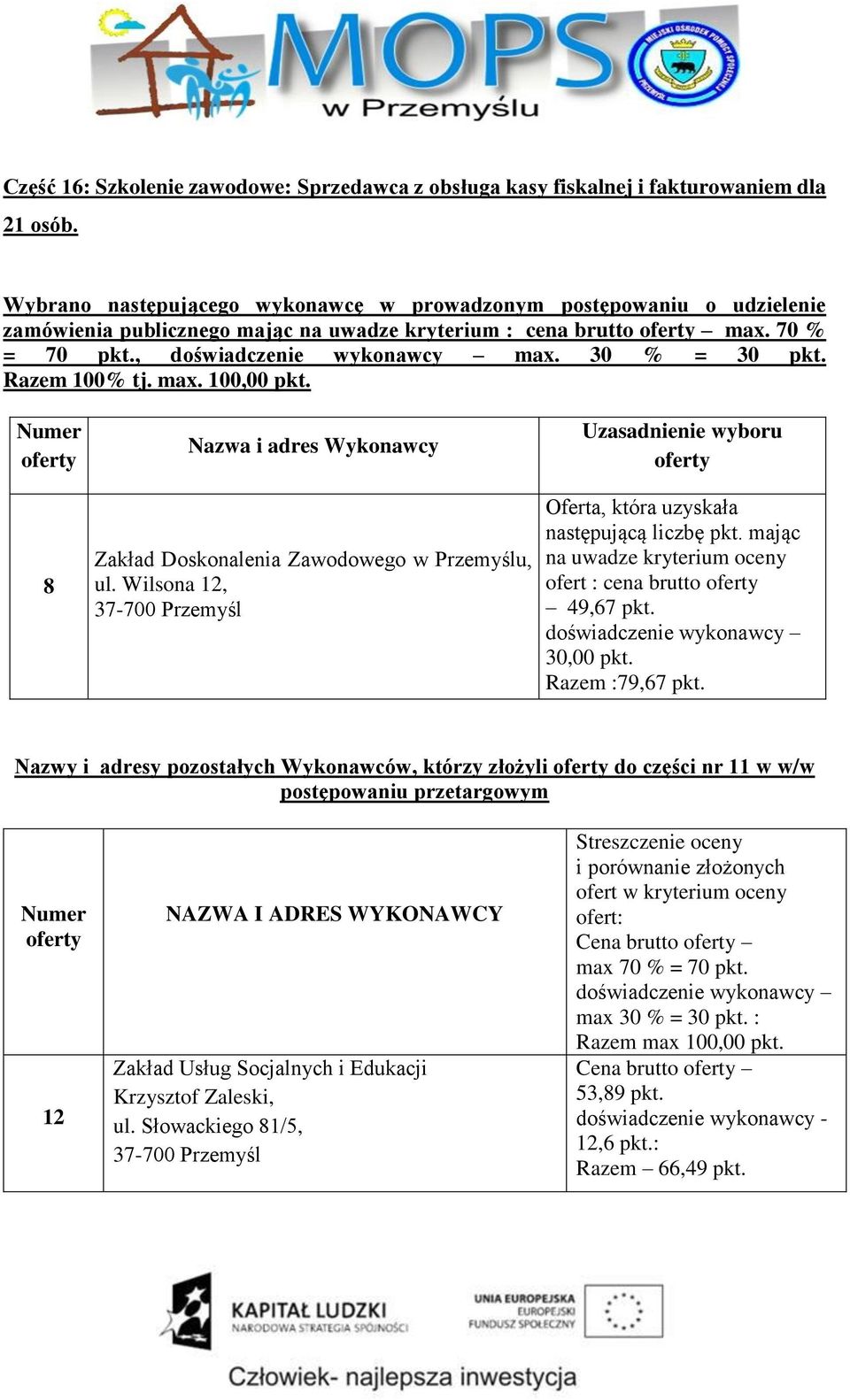 Nazwy i adresy pozostałych Wykonawców, którzy złożyli do części nr 11 w w/w postępowaniu przetargowym 12 NAZWA I ADRES WYKONAWCY Zakład Usług Socjalnych i Edukacji Krzysztof Zaleski, ul.