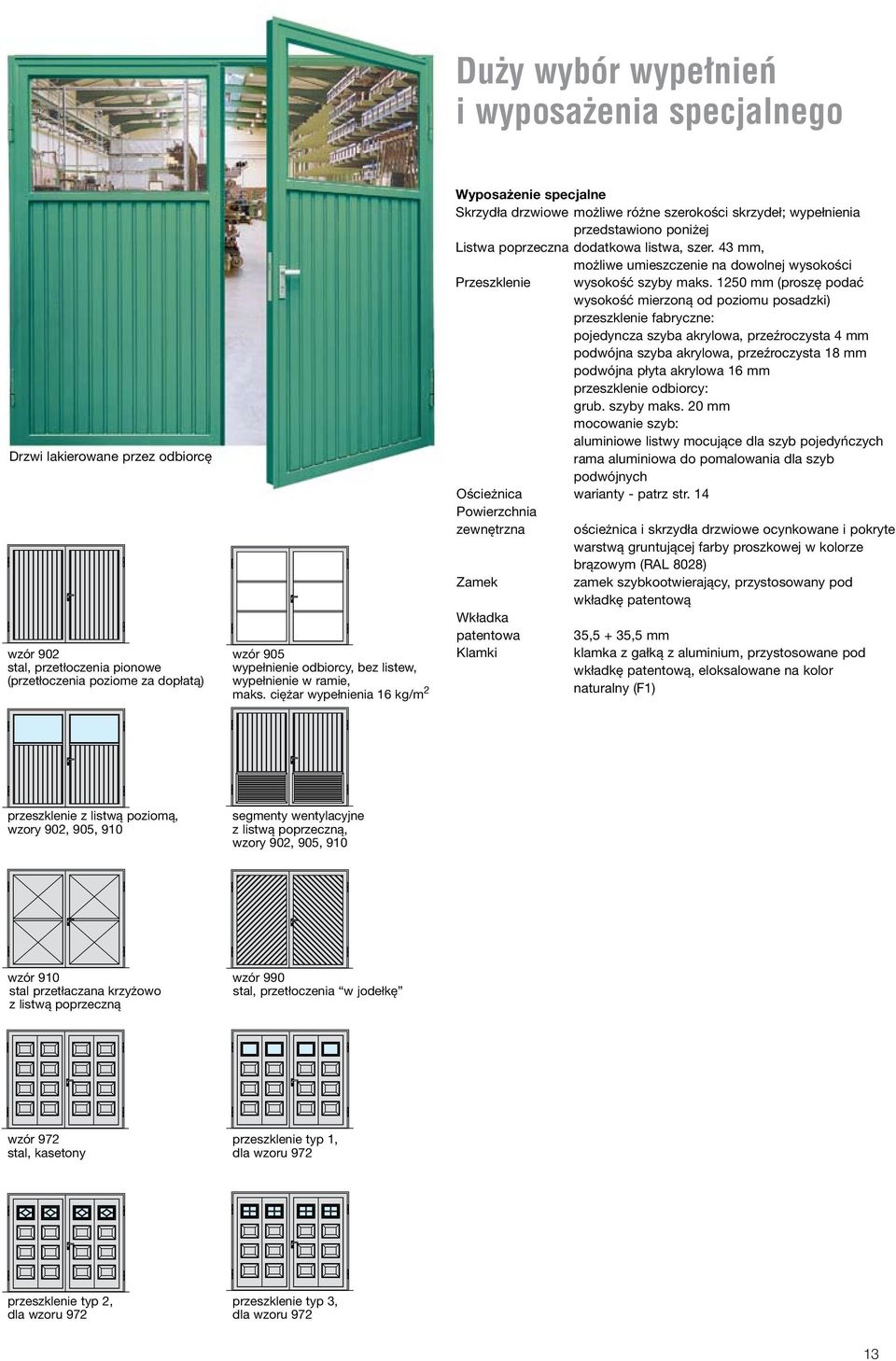 ciężar wypełnienia 16 kg/m 2 Wyposażenie specjalne Skrzydła drzwiowe możliwe różne szerokości skrzydeł; wypełnienia przedstawiono poniżej Listwa poprzeczna dodatkowa listwa, szer.