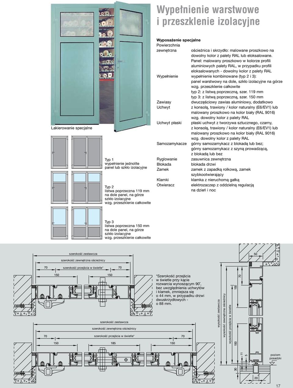 Panel: malowany proszkowo w kolorze profili aluminiowych palety RAL, w przypadku profili eloksalowanych - dowolny kolor z palety RAL Wypełnienie wypełnienie kombinowane (typ 2 i 3): panel warstwowy