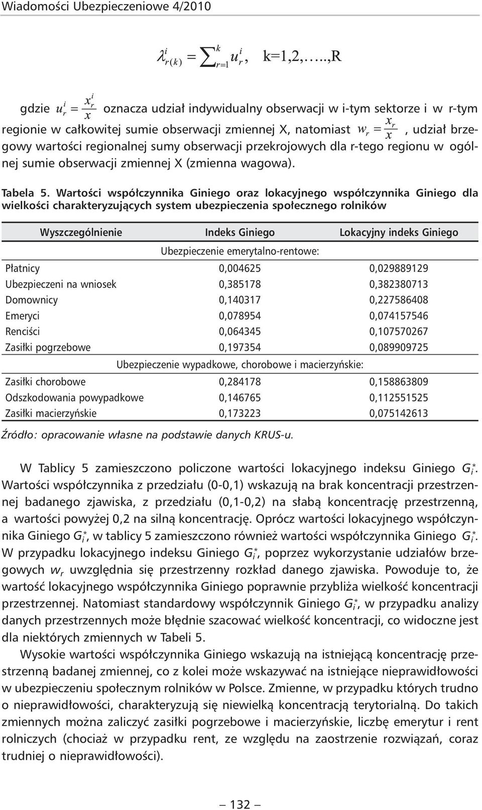 Wartości współczynnika Giniego oraz lokacyjnego współczynnika Giniego dla wielkości charakteryzujących system ubezpieczenia społecznego rolników Wyszczególnienie Indeks Giniego Lokacyjny indeks