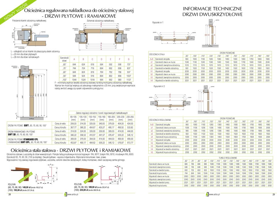 aluminiowy z uszczelką D E F G L - odległość od osi klamki do płaszczyzny deski ościenicy L = 23 mm dla drzwi płytowych ościeżnica L = 28 mm dla drzwi ramiakowych 80 stalowa Szerokość drzwi 16 od 80