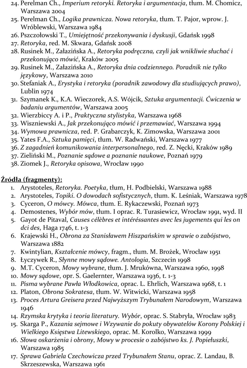 , Retoryka podręczna, czyli jak wnikliwie słuchać i przekonująco mówić, Kraków 2005 29. Rusinek M., Załazińska A., Retoryka dnia codziennego. Poradnik nie tylko językowy, Warszawa 2010 30.