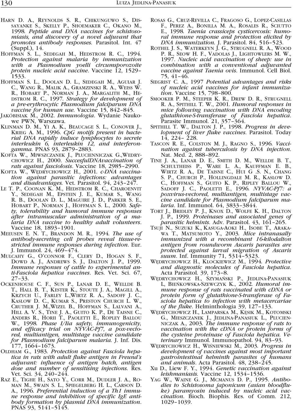 Protection against malaria by immunization with a Plasmodium yoelli circumsporozoite protein nucleic acid vaccine. Vaccine 12, 1529 1533. HOFFMAN S. L., DOOLAN D. L., SEDEGAH M., AGUIAR J. C., WANG R.