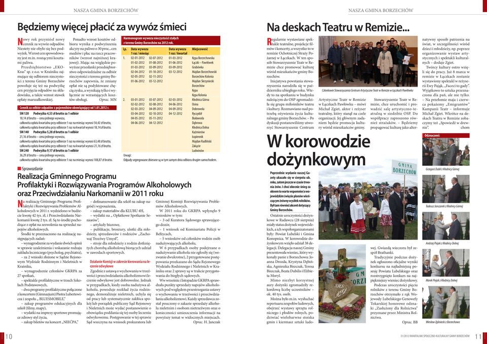 Harmonogram wywozu nieczystości stałych z terenu Gminy Borzechów na 2012 rok. Lp. Data wywozu Data wywozu 1 raz / miesiąc 1. 02-01-2012 01-02-2012 01-03-2012 02-04-2012 02-05-2012 01-06-2012 2.