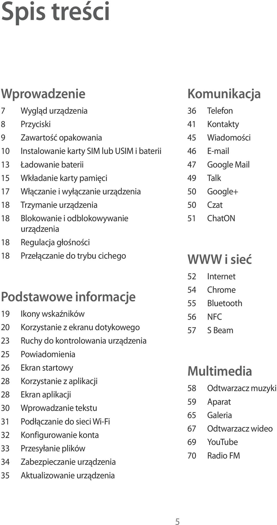 dotykowego 23 Ruchy do kontrolowania urządzenia 25 Powiadomienia 26 Ekran startowy 28 Korzystanie z aplikacji 28 Ekran aplikacji 30 Wprowadzanie tekstu 31 Podłączanie do sieci Wi-Fi 32 Konfigurowanie