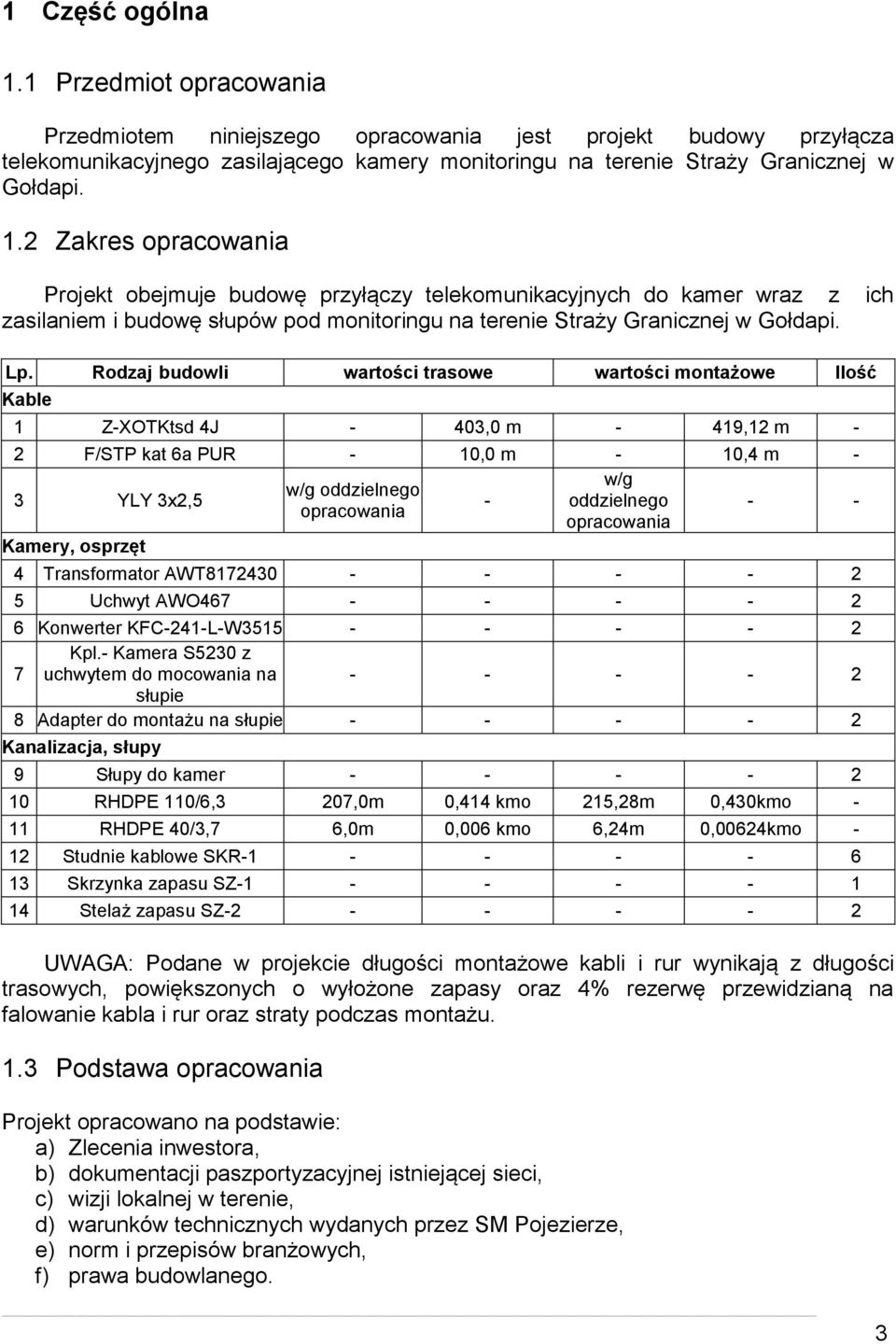 Rodzaj budowli wartości trasowe wartości montażowe Ilość Kable 1 Z-XOTKtsd 4J - 403,0 m - 419,1 m - F/STP kat 6a PUR - 10,0 m - 10,4 m - w/g w/g oddzielnego 3 YLY 3x,5 - oddzielnego - - opracowania