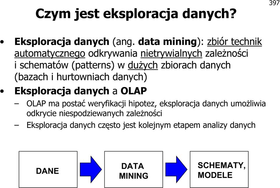 dużych zbiorach danych (bazach i hurtowniach danych) Eksploracja danych a OLAP OLAP ma postać weryfikacji