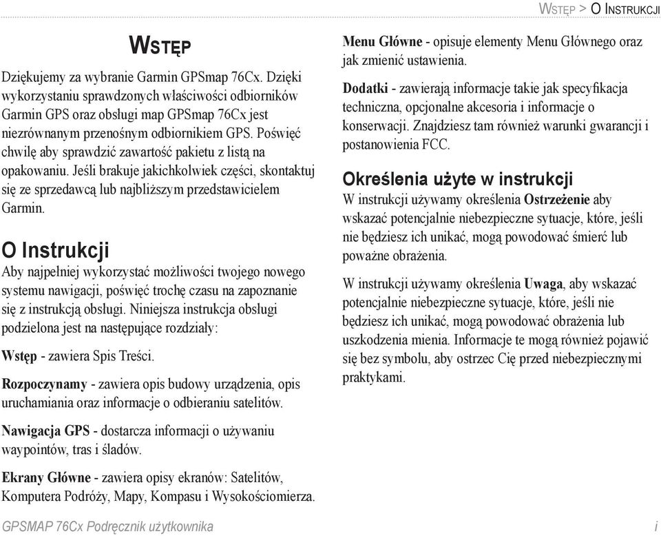 Poświęć chwilę aby sprawdzić zawartość pakietu z listą na opakowaniu. Jeśli brakuje jakichkolwiek części, skontaktuj się ze sprzedawcą lub najbliższym przedstawicielem Garmin.