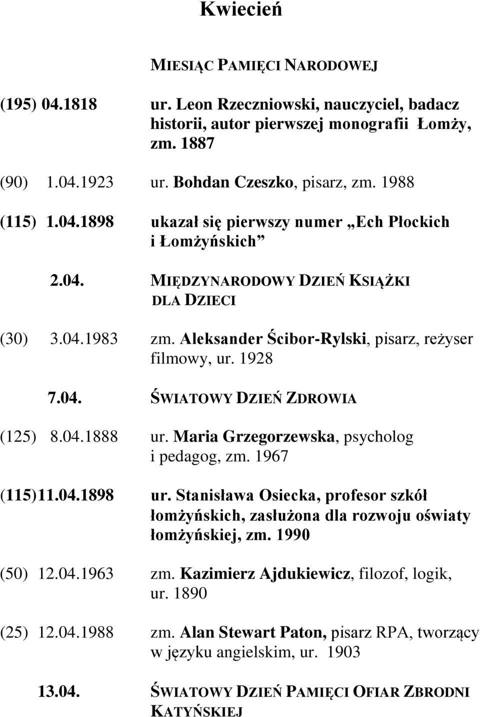 1928 7.04. ŚWIATOWY DZIEŃ ZDROWIA (125) 8.04.1888 ur. Maria Grzegorzewska, psycholog i pedagog, zm. 1967 (115) 11.04.1898 ur.