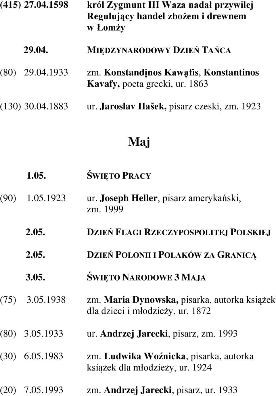 Joseph Heller, pisarz amerykański, zm. 1999 2.05. DZIEŃ FLAGI RZECZYPOSPOLITEJ POLSKIEJ 2.05. DZIEŃ POLONII I POLAKÓW ZA GRANICĄ 3.05. ŚWIĘTO NARODOWE 3 MAJA (75) 3.05.1938 zm.