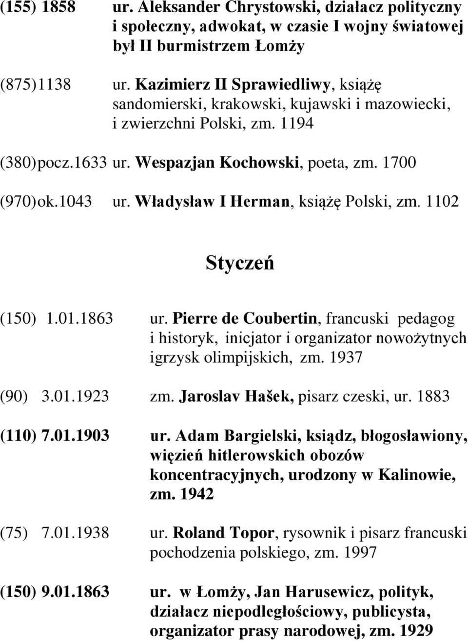 Władysław I Herman, książę Polski, zm. 1102 Styczeń (150) 1.01.1863 ur. Pierre de Coubertin, francuski pedagog i historyk, inicjator i organizator nowożytnych igrzysk olimpijskich, zm. 1937 (90) 3.01.1923 zm.