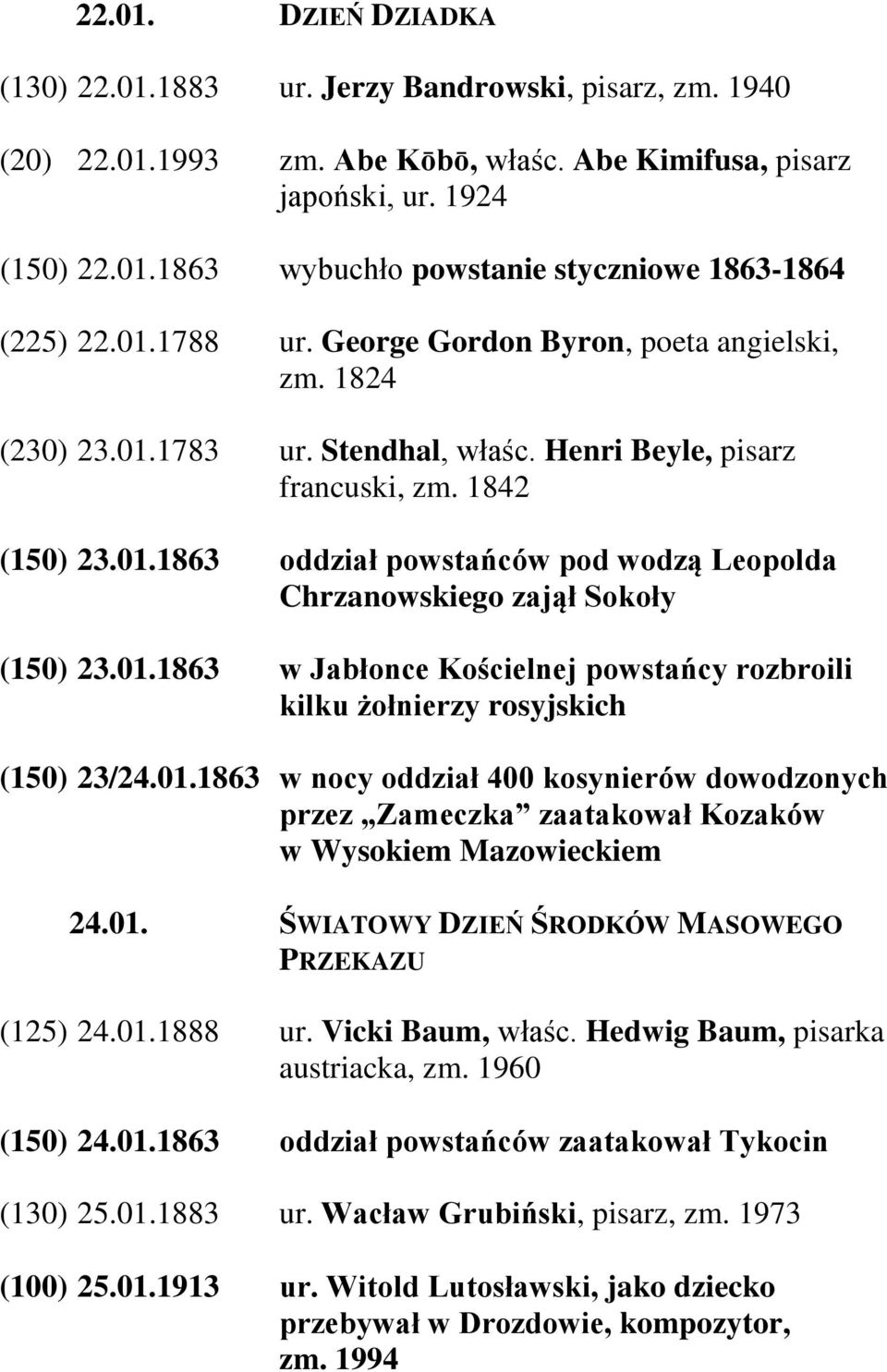 01.1863 w Jabłonce Kościelnej powstańcy rozbroili kilku żołnierzy rosyjskich (150) 23/24.01.1863 w nocy oddział 400 kosynierów dowodzonych przez Zameczka zaatakował Kozaków w Wysokiem Mazowieckiem 24.