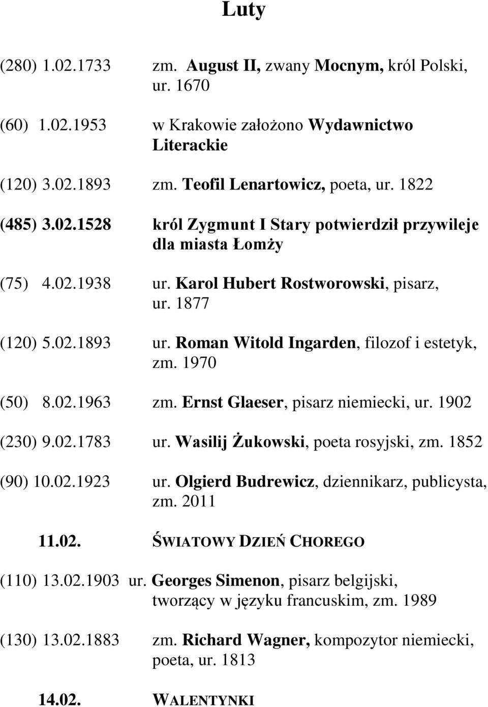 Wasilij Żukowski, poeta rosyjski, zm. 1852 (90) 10.02.1923 ur. Olgierd Budrewicz, dziennikarz, publicysta, zm. 2011 11.02. ŚWIATOWY DZIEŃ CHOREGO (110) 13.02.1903 ur.