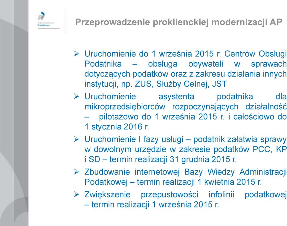 ZUS, Służby Celnej, JST Uruchomienie asystenta podatnika dla mikroprzedsiębiorców rozpoczynających działalność pilotażowo do 1 września 2015 r.