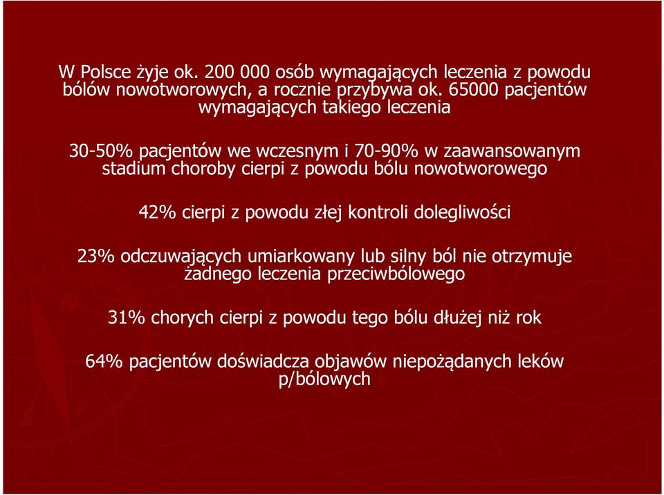 powodu bólu nowotworowego 42% cierpi z powodu złej kontroli dolegliwości 23% odczuwających umiarkowany lub silny ból nie