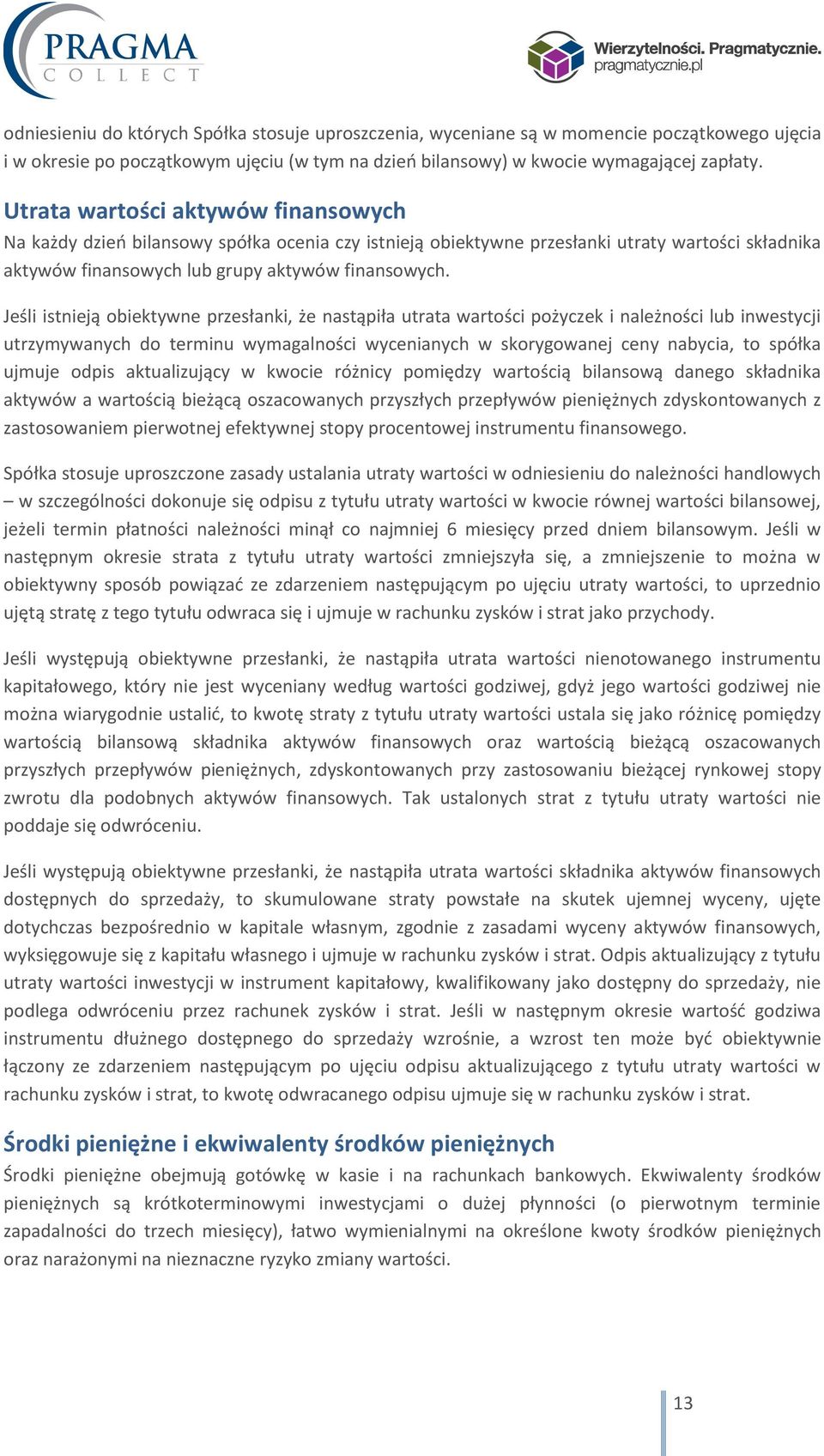 Jeśli istnieją obiektywne przesłanki, że nastąpiła utrata wartości pożyczek i należności lub inwestycji utrzymywanych do terminu wymagalności wycenianych w skorygowanej ceny nabycia, to spółka ujmuje