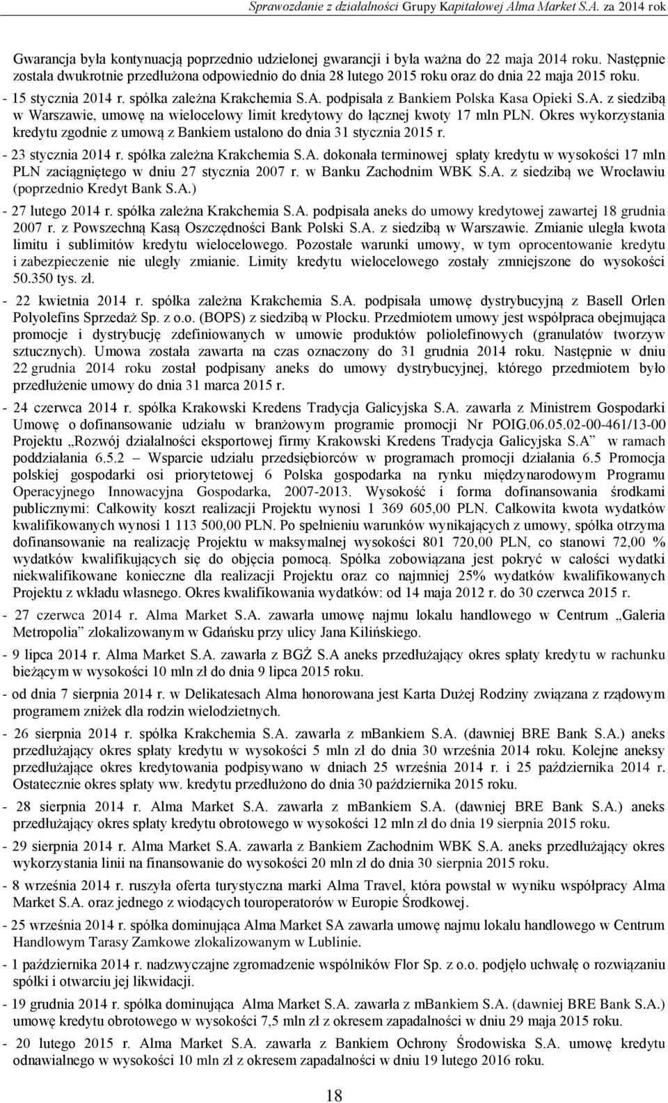 podpisała z Bankiem Polska Kasa Opieki S.A. z siedzibą w Warszawie, umowę na wielocelowy limit kredytowy do łącznej kwoty 17 mln PLN.