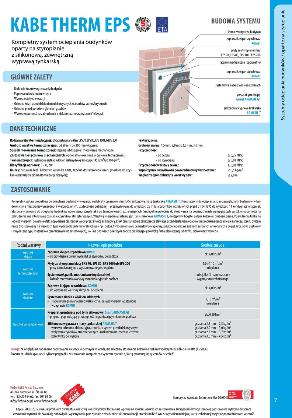 warstwy termoizolacyjnej: płyty ze styropianu klasy EPS 70, EPS 80, EPS 100 lub EPS 200; Grubość warstwy termoizolacyjnej: od 20 mm do 200 mm włącznie; Sposób mocowania termoizolacji: klejenie lub