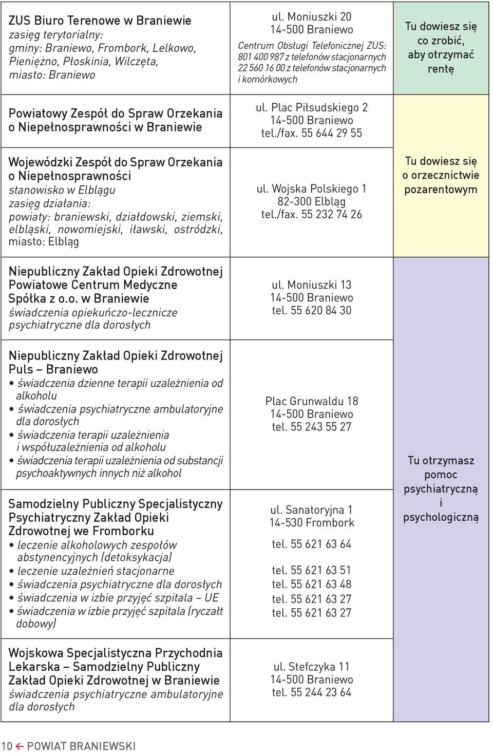 miasto: Elbląg ul. Moniuszki 20 14-500 Braniewo Centrum Obsługi Telefonicznej ZUS: 801 400 987 z telefonów stacjonarnych 22 560 16 00 z telefonów stacjonarnych i komórkowych ul.