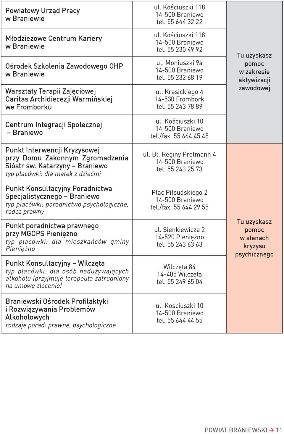 Katarzyny Braniewo typ placówki: dla matek z dziećmi Punkt Konsultacyjny Poradnictwa Specjalistycznego Braniewo typ placówki: poradnictwo psychologiczne, radca prawny Punkt poradnictwa prawnego przy