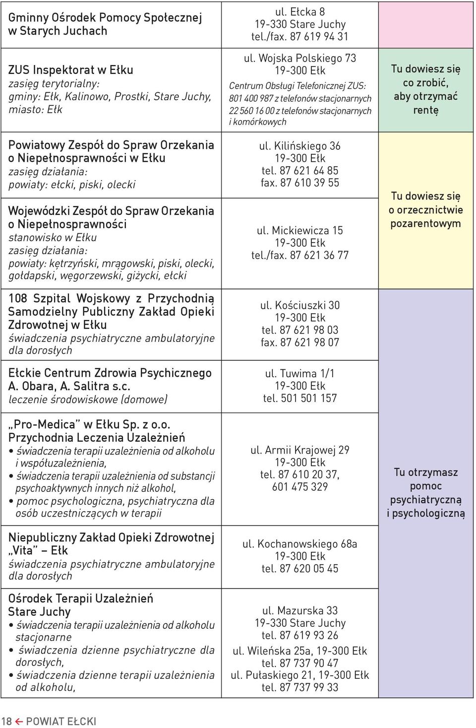 giżycki, ełcki 108 Szpital Wojskowy z Przychodnią Samodzielny Publiczny Zakład Opieki Zdrowotnej w Ełku świadczenia psychiatryczne ambulatoryjne dla dorosłych Ełckie Centrum Zdrowia Psychicznego A.