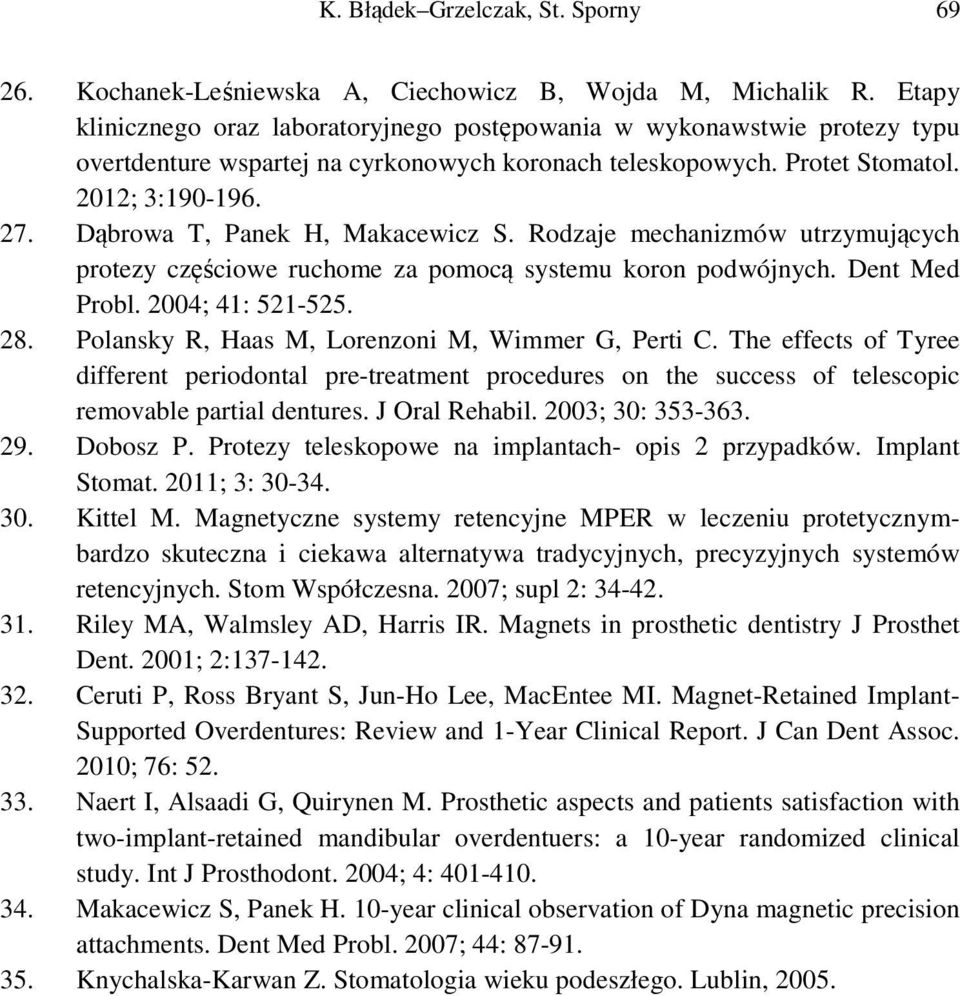 Dąbrowa T, Panek H, Makacewicz S. Rodzaje mechanizmów utrzymujących protezy częściowe ruchome za pomocą systemu koron podwójnych. Dent Med Probl. 2004; 41: 521-525. 28.