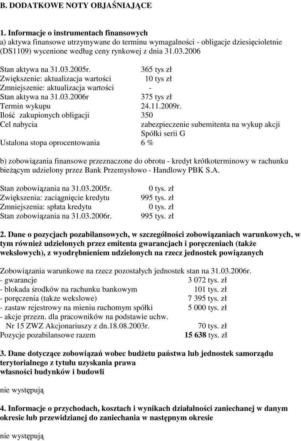 03.2005r. 365 tys zł Zwiększenie: aktualizacja wartości 10 tys zł Zmniejszenie: aktualizacja wartości - Stan aktywa na 31.03.2006r 375 tys zł Termin wykupu 24.11.2009r.