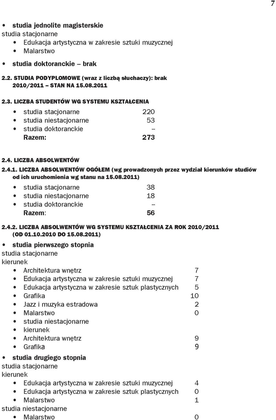 Liczba studentów wg systemu kształcenia studia stacjonarne 220 studia niestacjonarne 53 studia doktoranckie -- Razem: 273 2.4. LICZBA ABSOLWENTÓW 2.4.1.