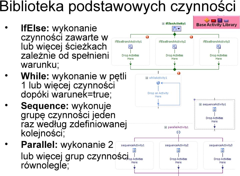 więcej czynności dopóki warunek=true; Sequence: wykonuje grupę czynności jeden raz