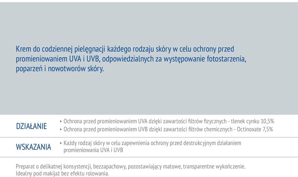 DZIAŁANIE WSKAZANIA Ochrona przed promieniowaniem UVA dzięki zawartości filtrów fizycznych - tlenek cynku 10,5% Ochrona przed promieniowaniem UVB dzięki