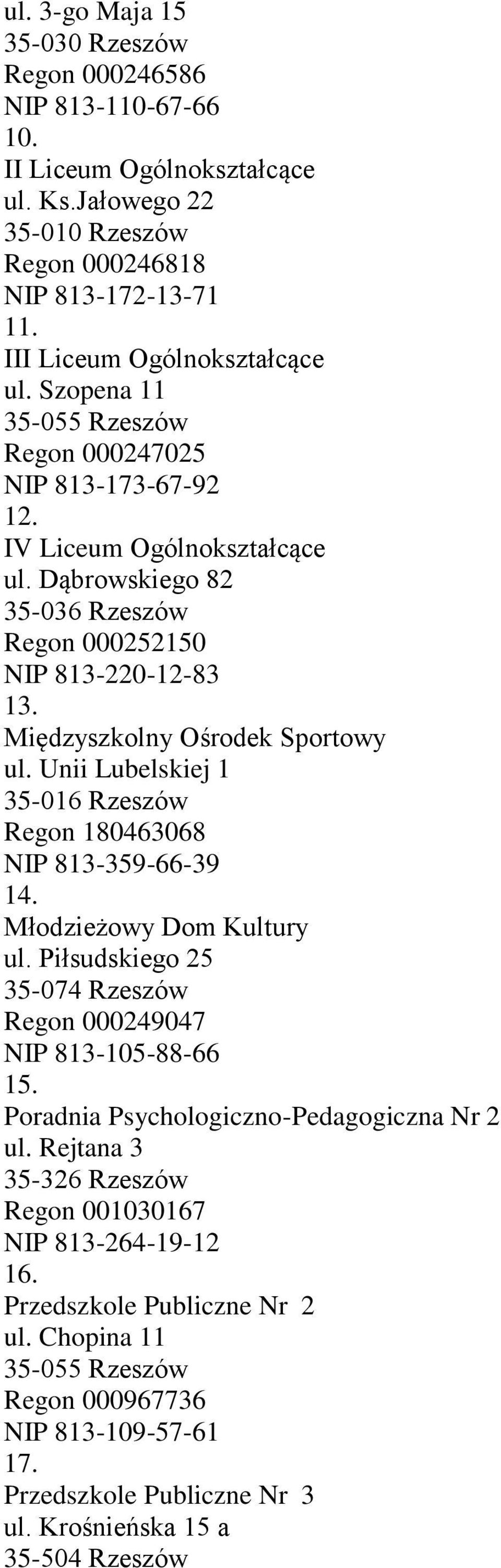 Unii Lubelskiej 1 35-016 Rzeszów Regon 180463068 NIP 813-359-66-39 14. Młodzieżowy Dom Kultury ul. Piłsudskiego 25 35-074 Rzeszów Regon 000249047 NIP 813-105-88-66 15.