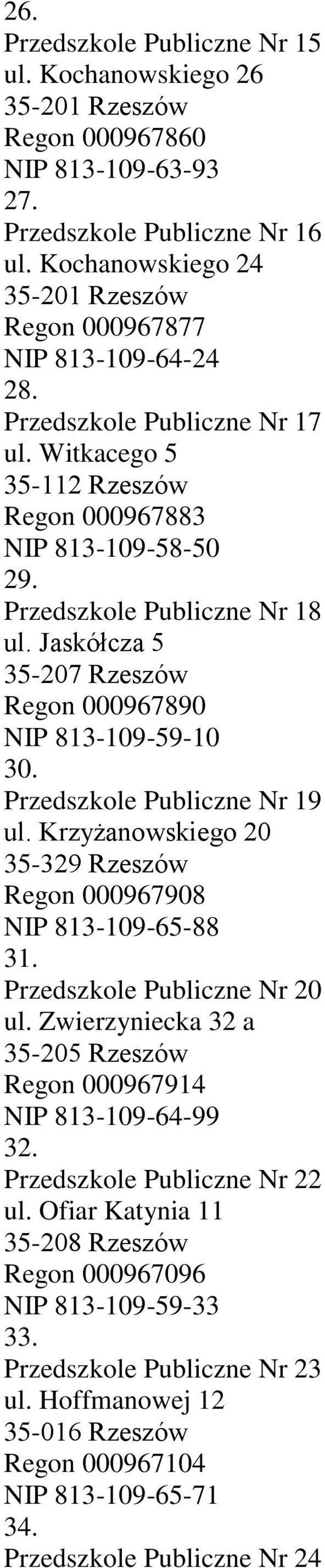 Jaskółcza 5 35-207 Rzeszów Regon 000967890 NIP 813-109-59-10 30. Przedszkole Publiczne Nr 19 ul. Krzyżanowskiego 20 35-329 Rzeszów Regon 000967908 NIP 813-109-65-88 31. Przedszkole Publiczne Nr 20 ul.