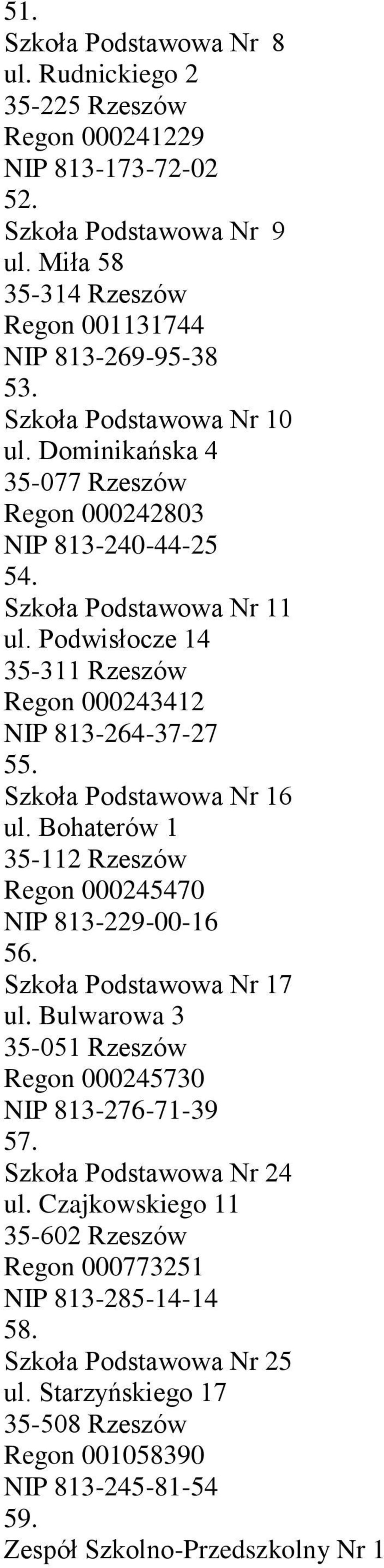 Szkoła Podstawowa Nr 16 ul. Bohaterów 1 35-112 Rzeszów Regon 000245470 NIP 813-229-00-16 56. Szkoła Podstawowa Nr 17 ul. Bulwarowa 3 35-051 Rzeszów Regon 000245730 NIP 813-276-71-39 57.