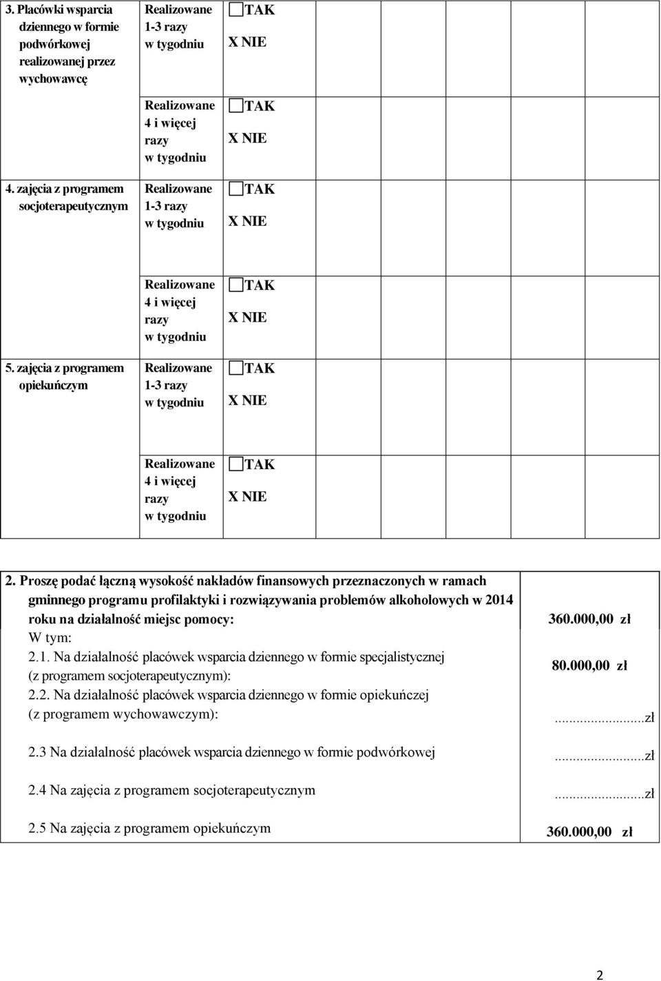 miejsc pomocy: W tym: 2.1. Na działalność placówek wsparcia specjalistycznej (z programem socjoterapeutycznym): 2.2. Na działalność placówek wsparcia opiekuńczej (z programem wychowawczym): 2.