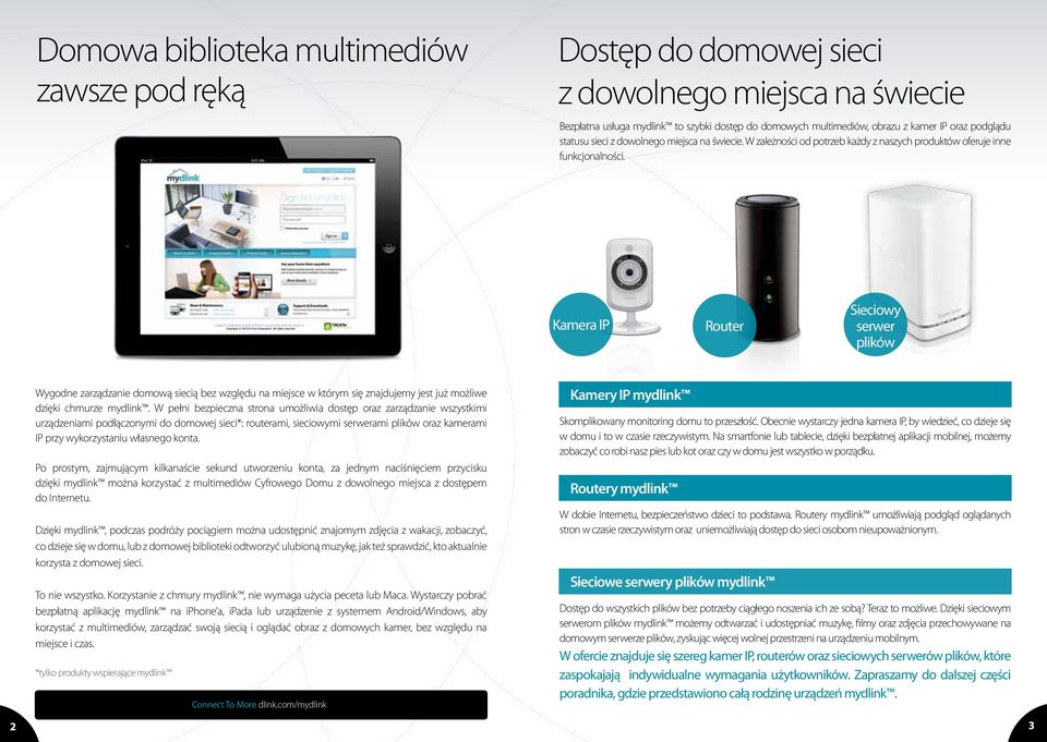 Kamera IP Router Sieciowy serwer plików Wygodne zarządzanie domową siecią bez względu na miejsce w którym się znajdujemy jest już możliwe dzięki chmurze mydlink.